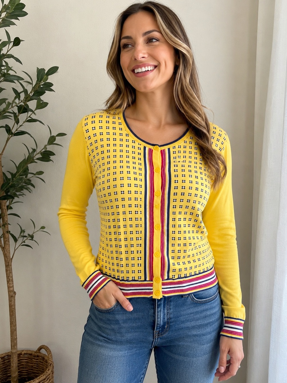 NWOT Talbots Petites LP Mixed Media Cardigan Yellow Geometric Button Front